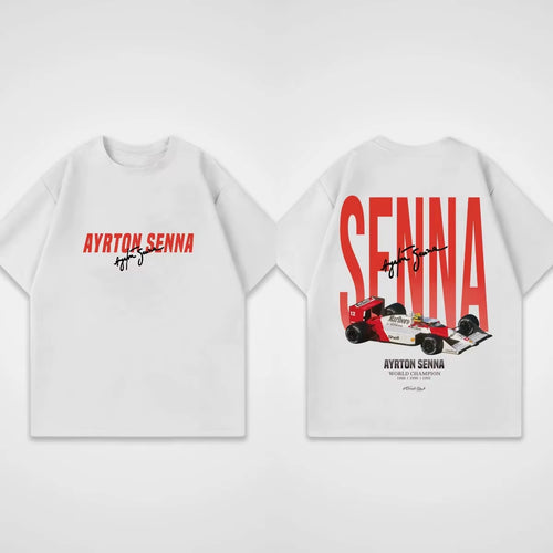 Summer Casual Pure Cotton Men'S round Neck T-Shirt with Racing Print Ayrton Senna Oversized Cool Hip-Hop Short Sleeved Shirt